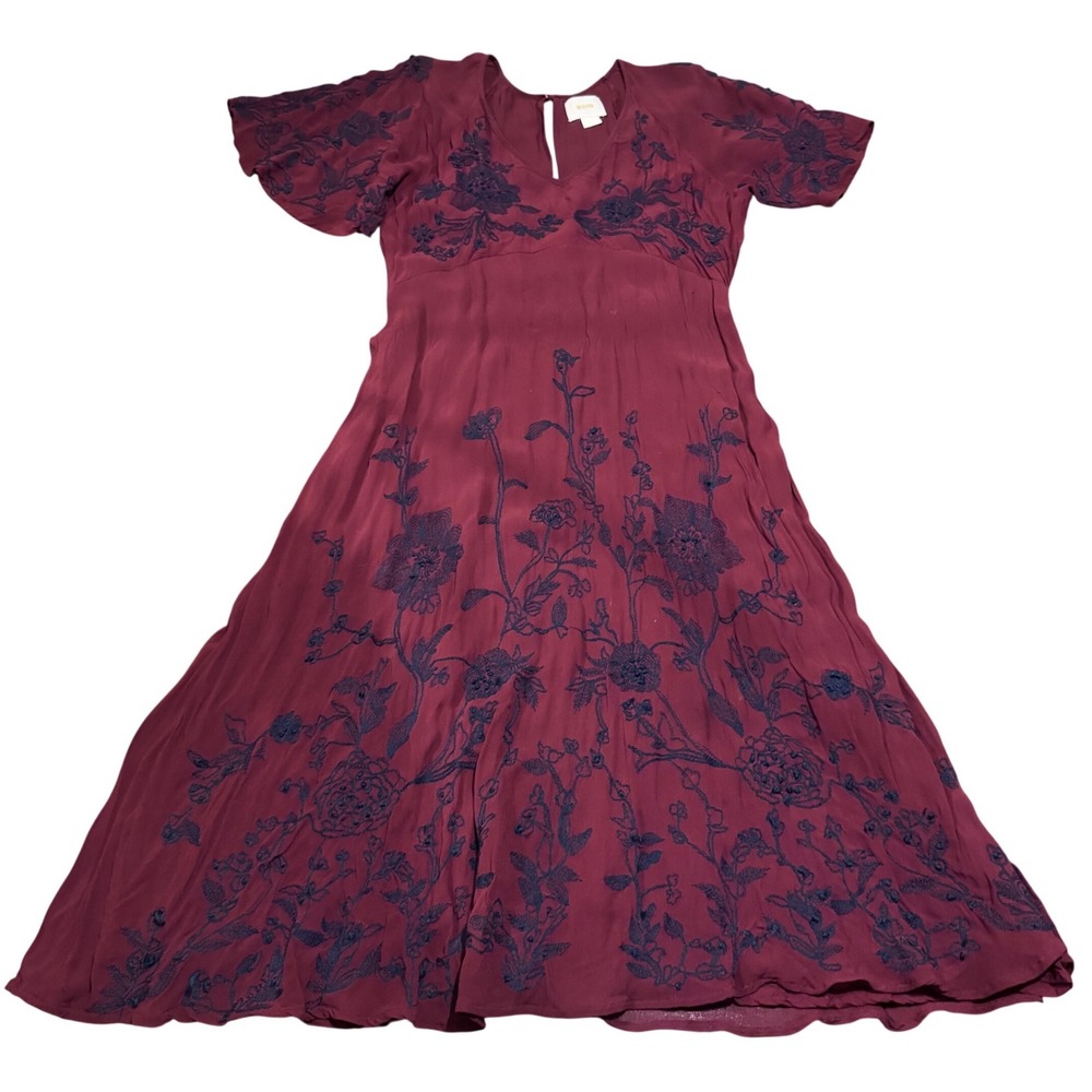 Maeve Anthropologie Burgundy Embroidered Flutter Sleeve Romantic Midi Dress Sz 8